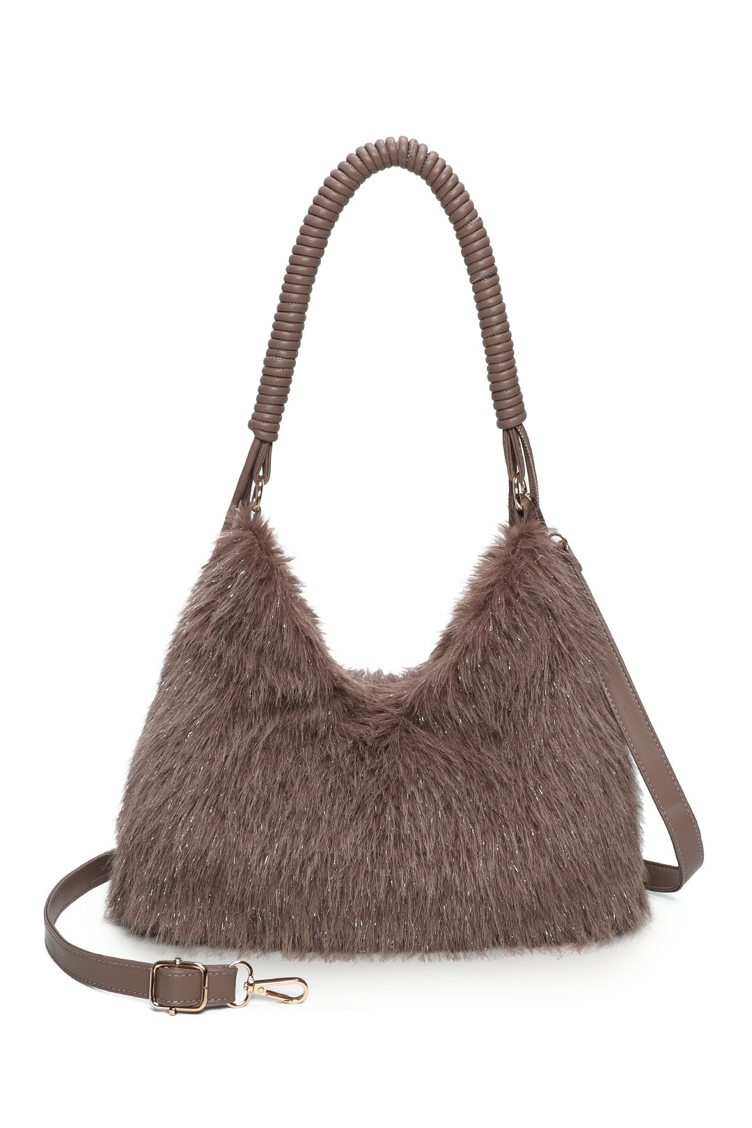 Calista Sparkling Faux Fur Top Zip Closure Shoulder Bag with Braided Handle - RJ260542