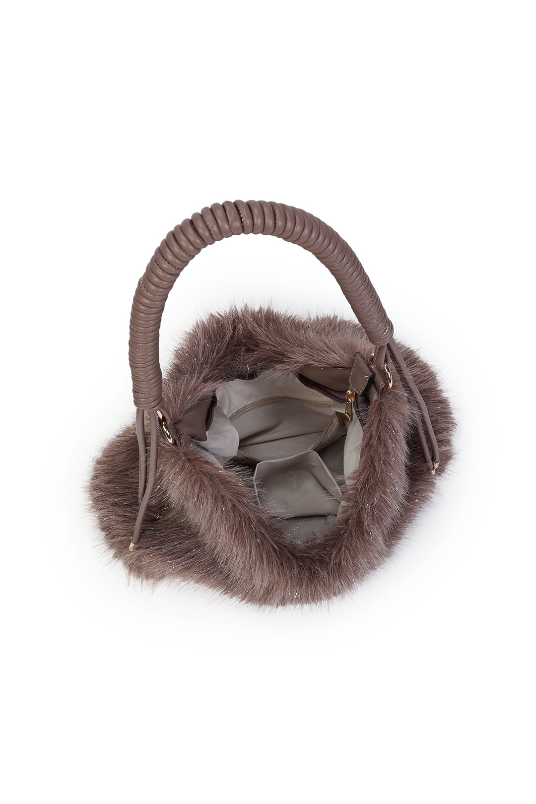 Calista Sparkling Faux Fur Top Zip Closure Shoulder Bag with Braided Handle - RJ260542