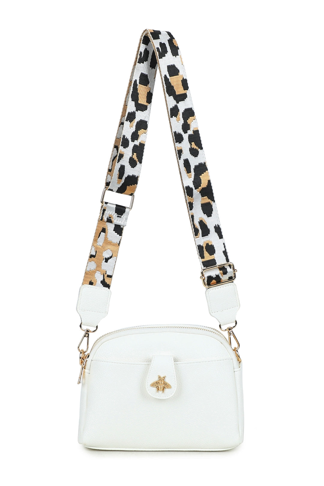 Monarch Bee Badge Multi-pocket Crossbody Bag with Leopard Canvas Strap - RW250452