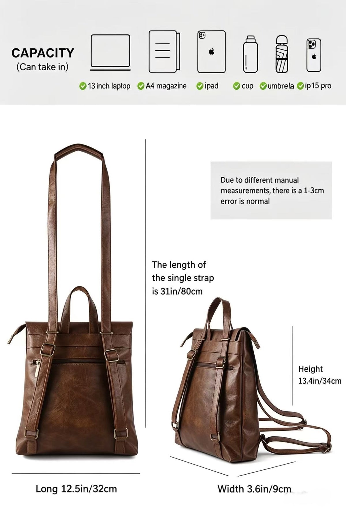 Gino PU Leather Convertible Backpack Crossbody Bag with Real Leather Magnetic Fastening - RX260521