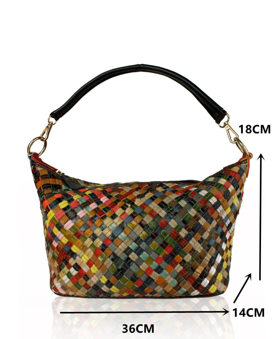 2990-Multi Colour Plait Patterned Leather Shoulder Bag