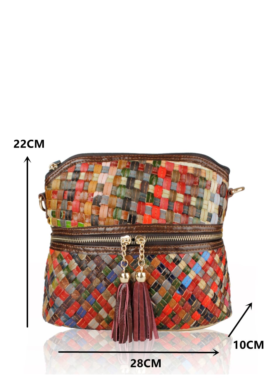 A88-5-Multi Colour Plait Patterned Leather Cross-Body Bag