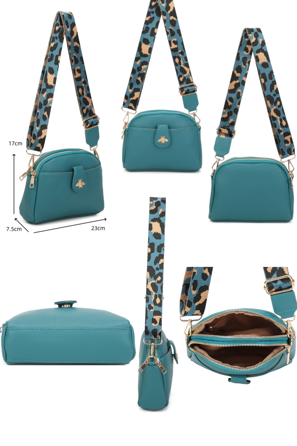 Monarch Bee Badge Multi-pocket Crossbody Bag with Leopard Canvas Strap - RW250452