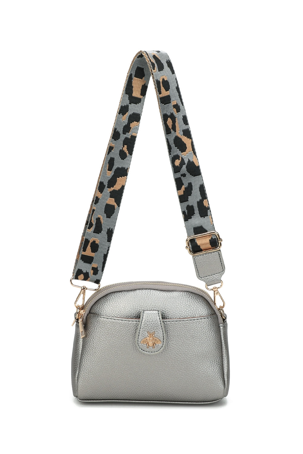 Monarch Bee Badge Multi-pocket Crossbody Bag with Leopard Canvas Strap - RW250452