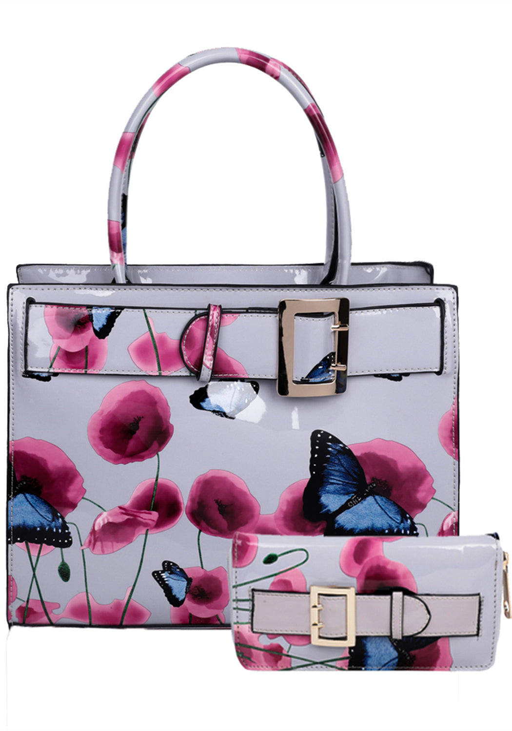 Poppy PU Patent Poppy Flower & Buttlefly Print With Belt Detail Top-Handle Bag With Purse Set - RJ180801