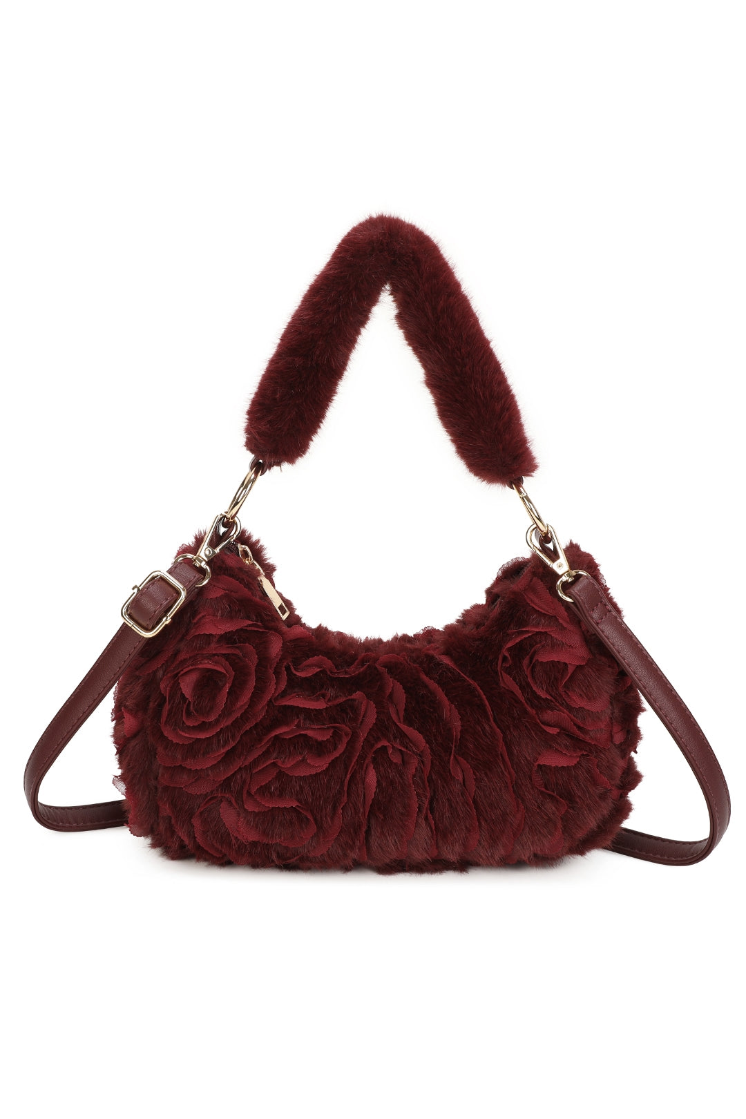 Aloura Small Faux Fur Sewn Lace Rose Flower Pattern Shoulder Hobo Bag - RY260531