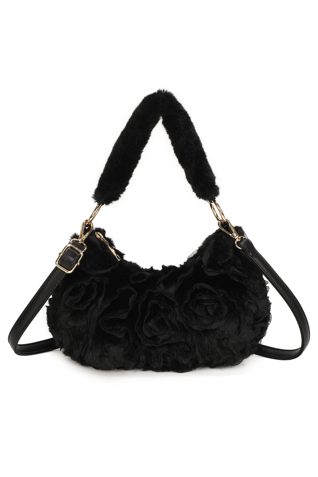 Aloura Small Faux Fur Sewn Lace Rose Flower Pattern Shoulder Hobo Bag - RY260531