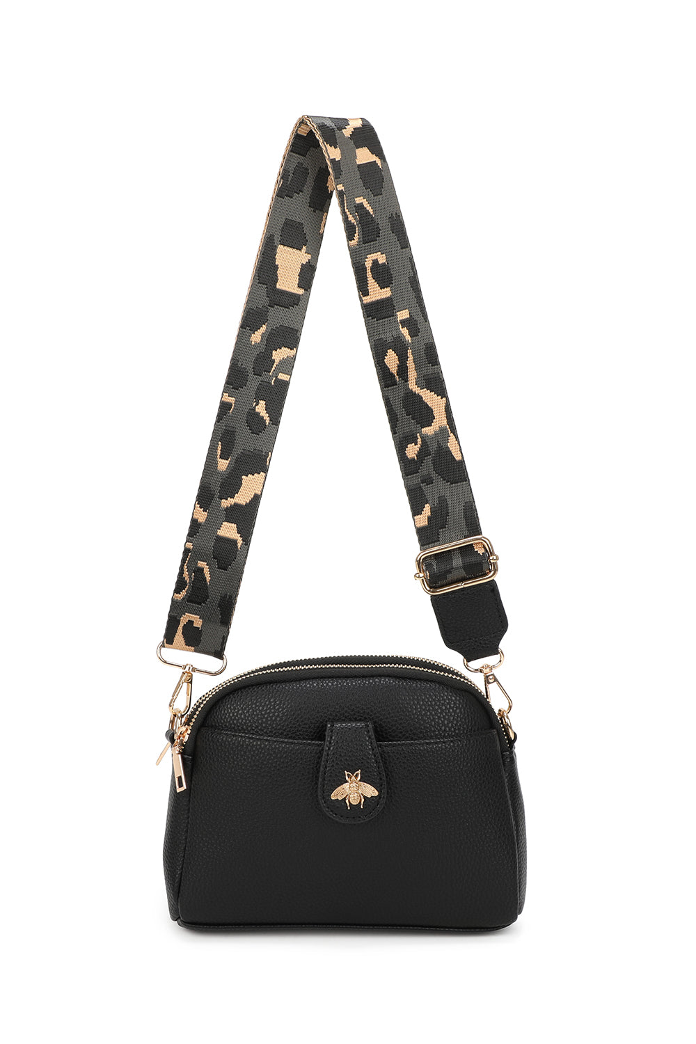 Monarch Bee Badge Multi-pocket Crossbody Bag with Leopard Canvas Strap - RW250452