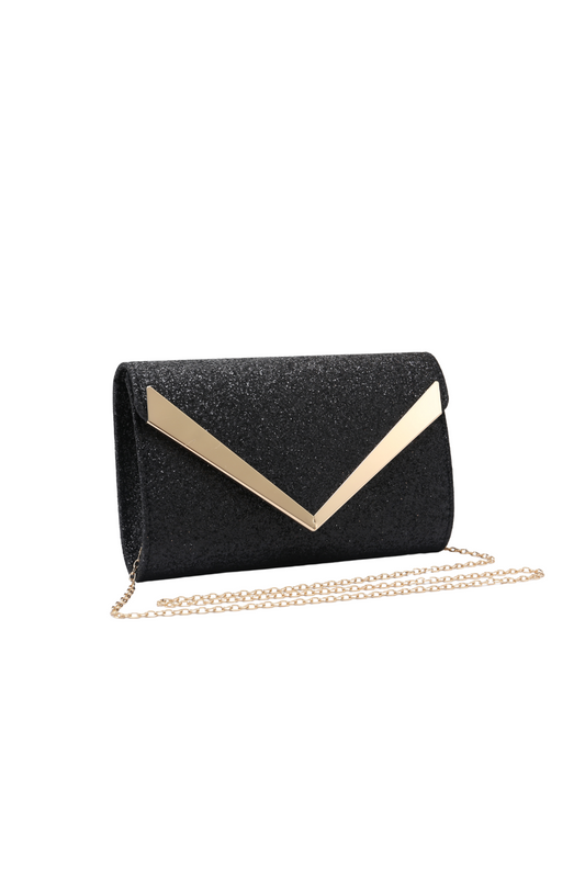 Glitter V Evening Clutch Bag with Chain Strap