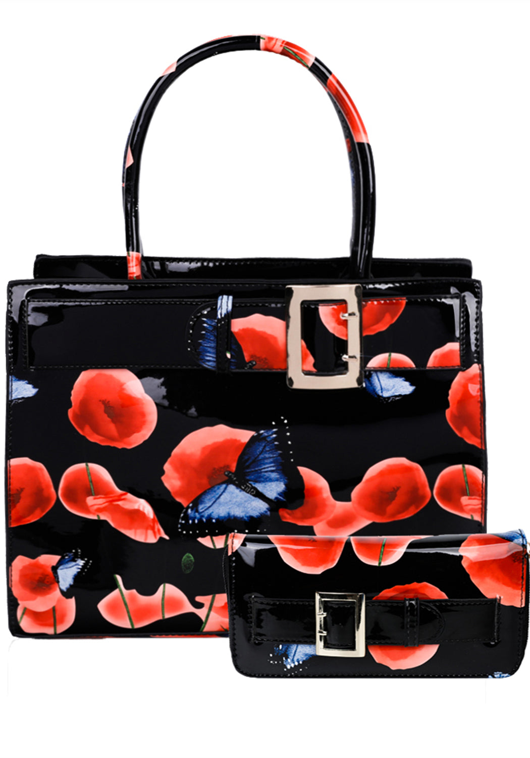 Poppy PU Patent Poppy Flower & Buttlefly Print With Belt Detail Top-Handle Bag With Purse Set - RJ180801