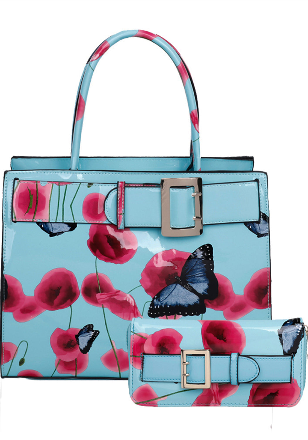 Poppy PU Patent Poppy Flower & Buttlefly Print With Belt Detail Top-Handle Bag With Purse Set - RJ180801