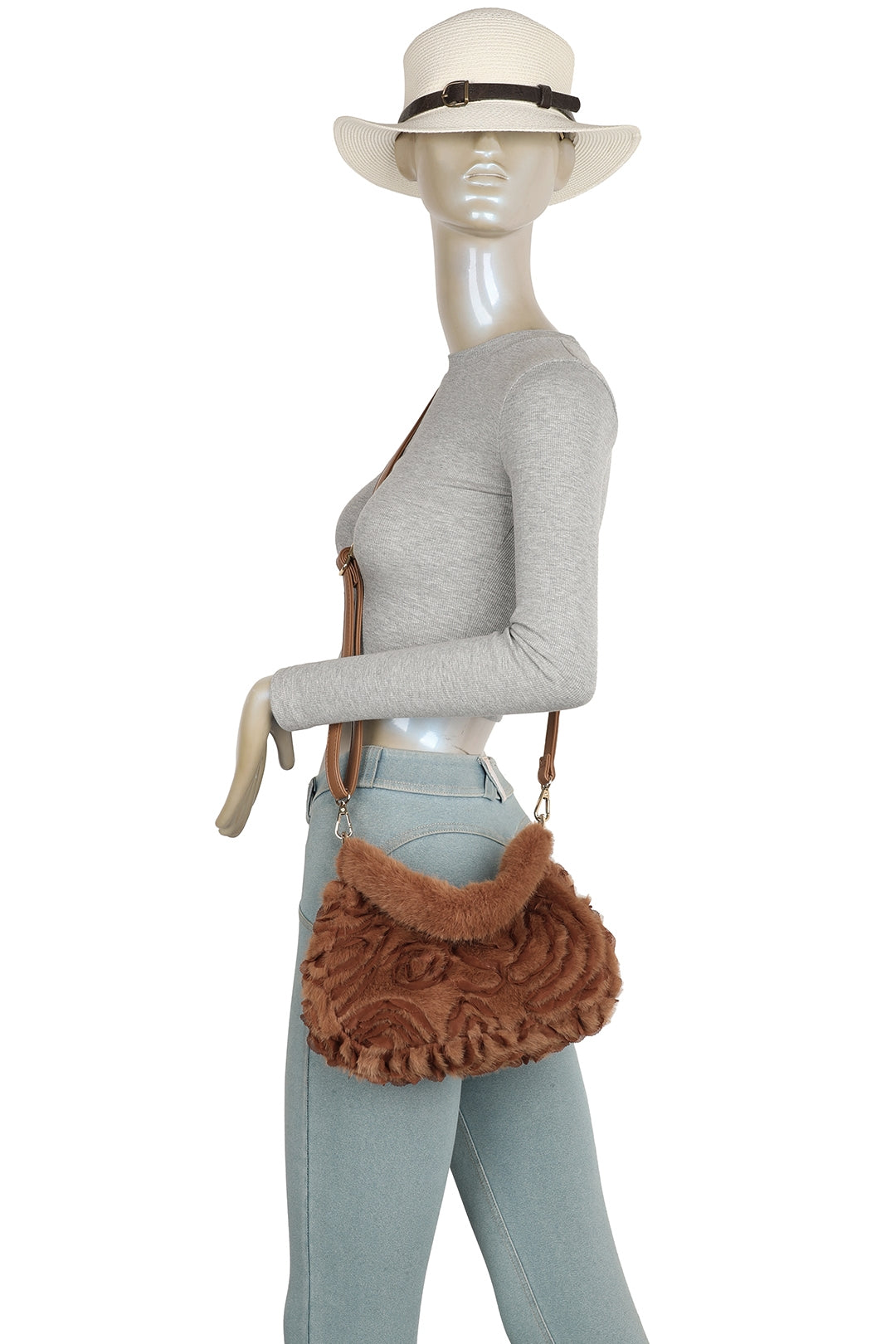 Aloura Small Faux Fur Sewn Lace Rose Flower Pattern Shoulder Hobo Bag - RY260531