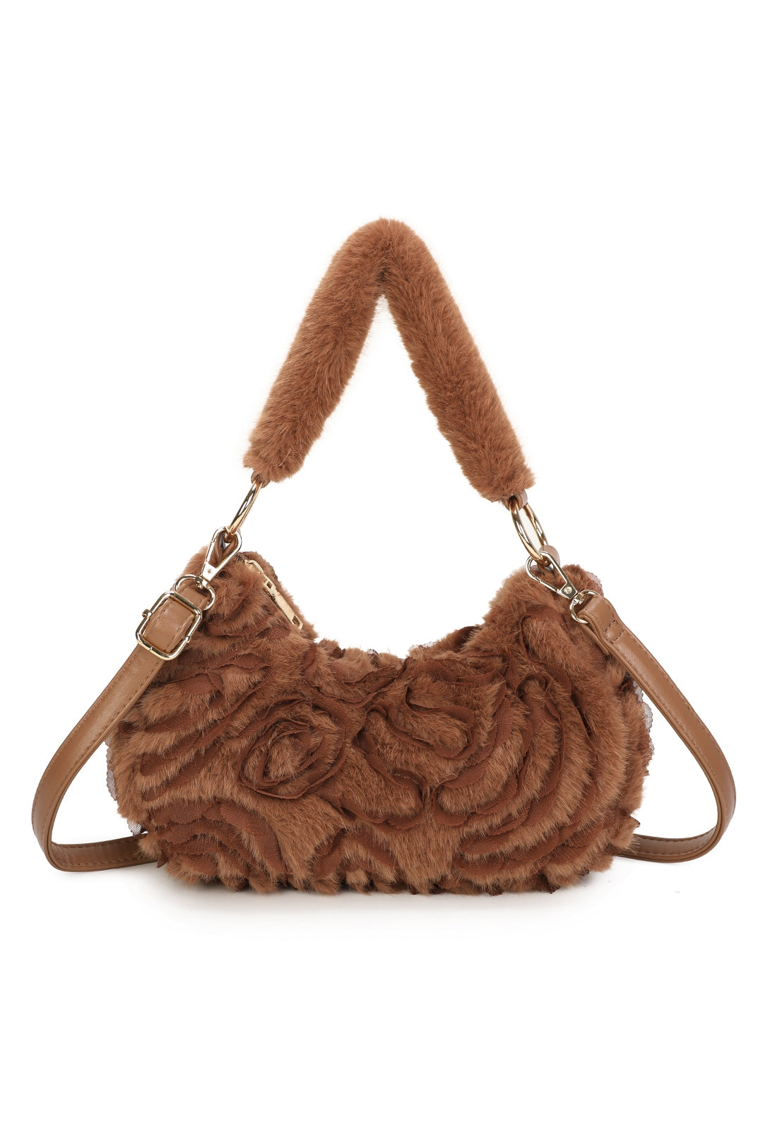 Aloura Small Faux Fur Sewn Lace Rose Flower Pattern Shoulder Hobo Bag - RY260531