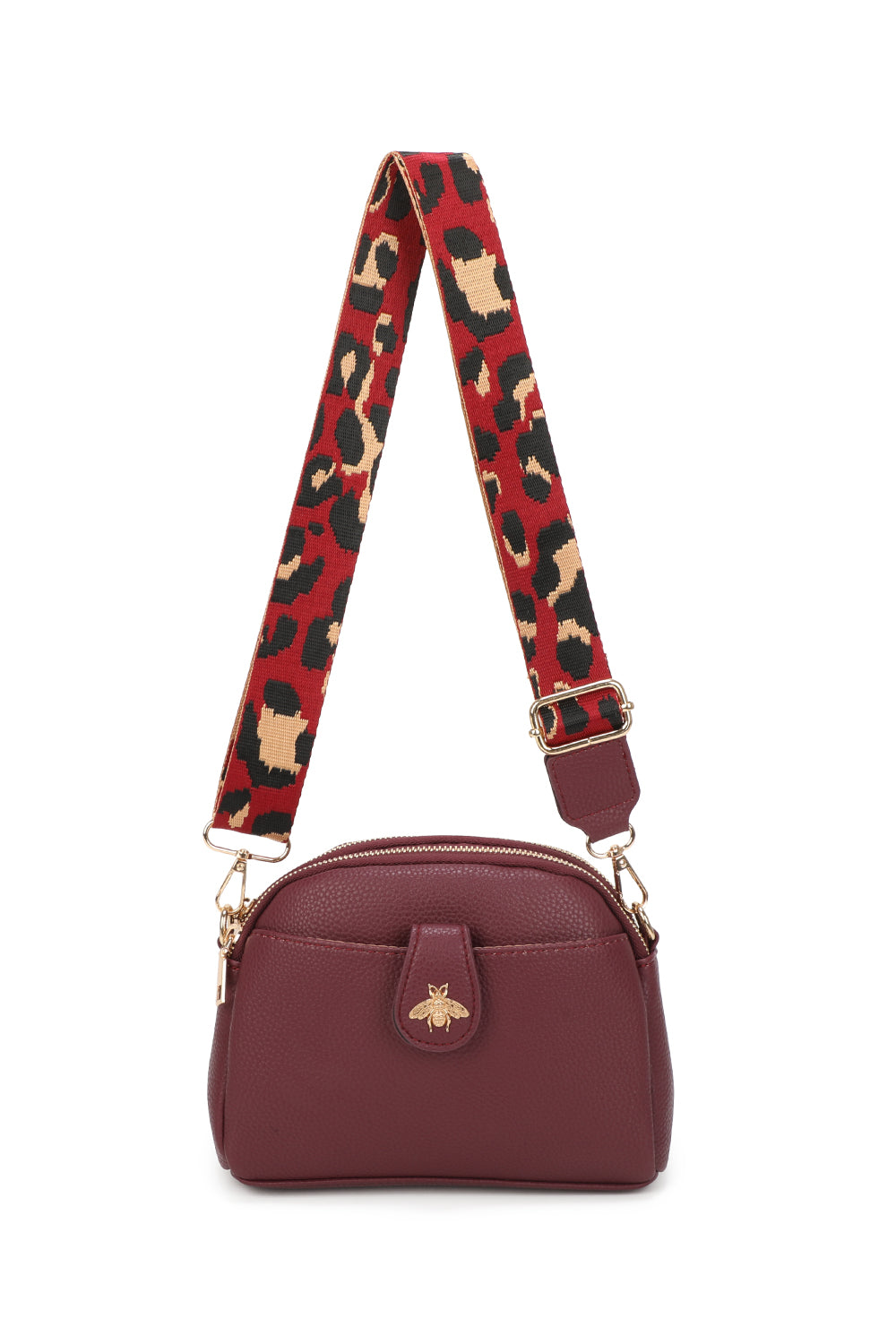 Monarch Bee Badge Multi-pocket Crossbody Bag with Leopard Canvas Strap - RW250452