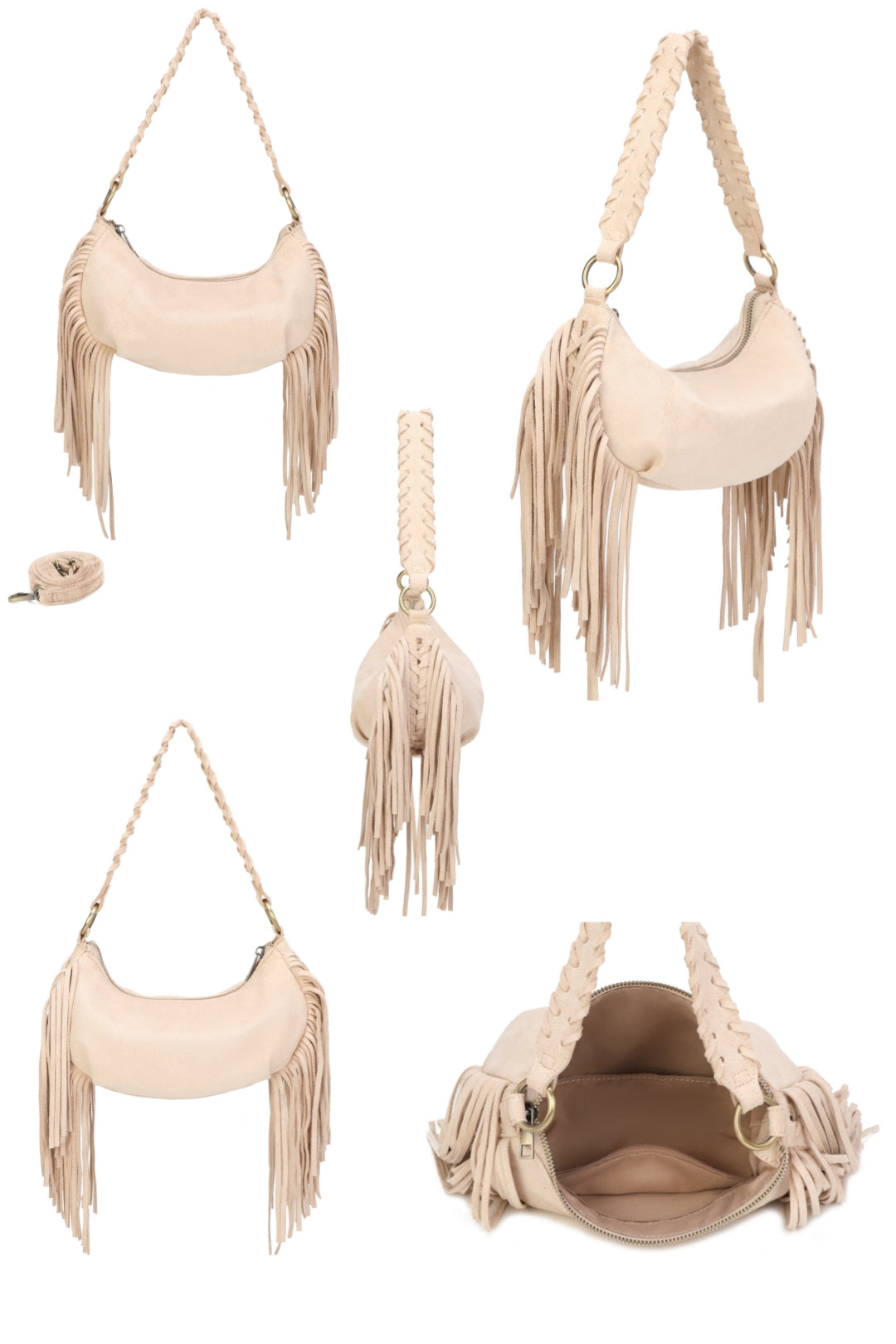 Aurex Faux Suede Fringe Tassel Crossbody Hobo Bag With Handwoven Strap - RJ250976