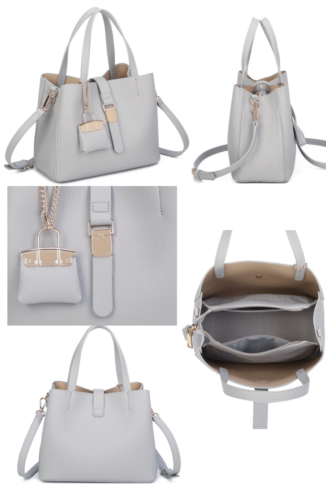 Ellory Triple Compartments Top Handle Tote Bag With Mini Bag Charm - RG51002