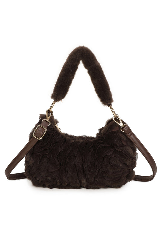Aloura Small Faux Fur Sewn Lace Rose Flower Pattern Shoulder Hobo Bag - RY260531