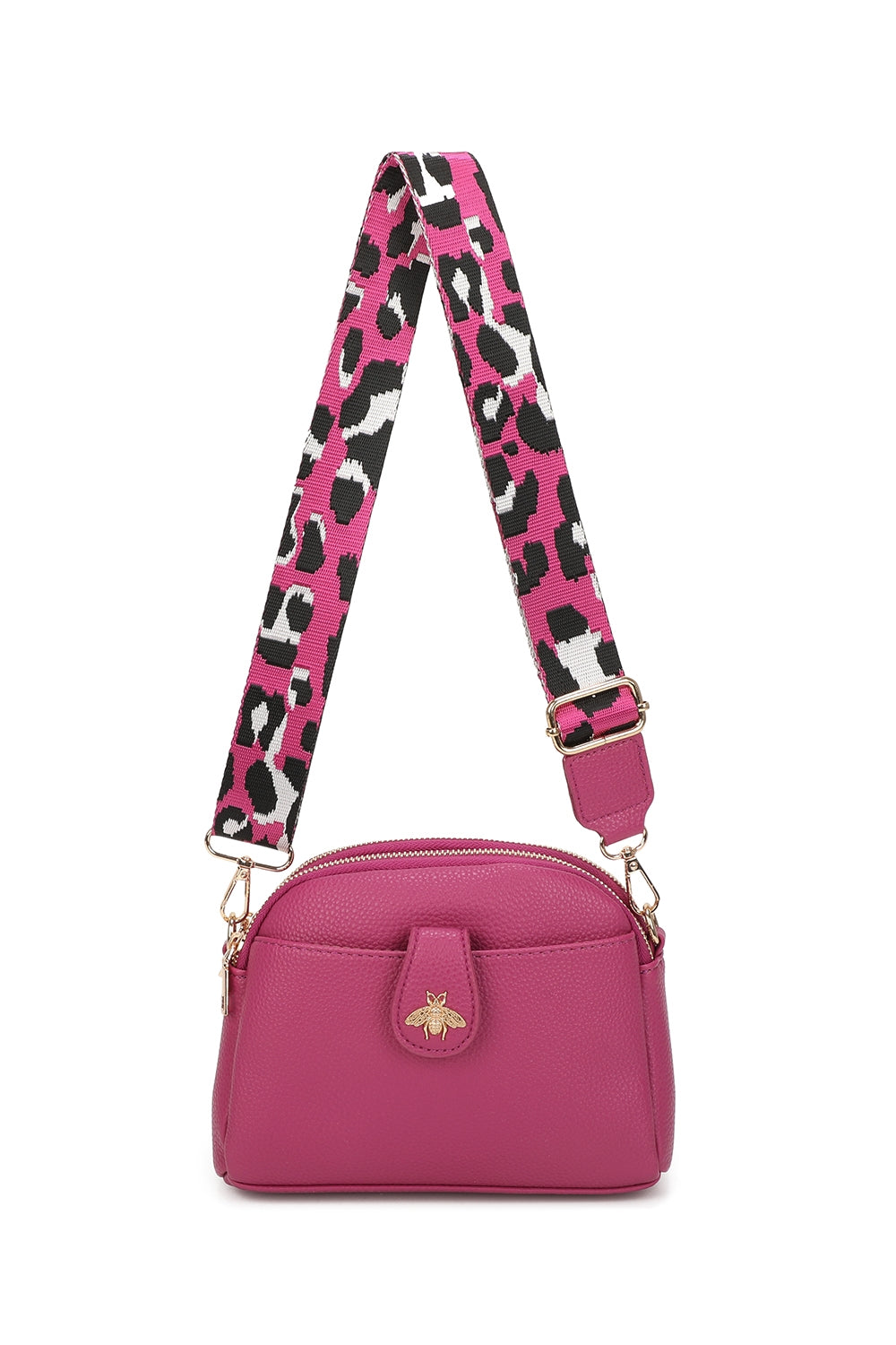 Monarch Bee Badge Multi-pocket Crossbody Bag with Leopard Canvas Strap - RW250452