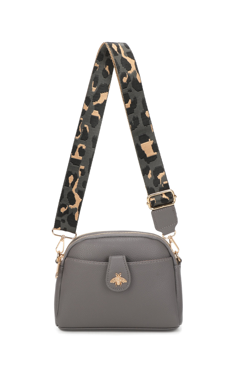 Monarch Bee Badge Multi-pocket Crossbody Bag with Leopard Canvas Strap - RW250452