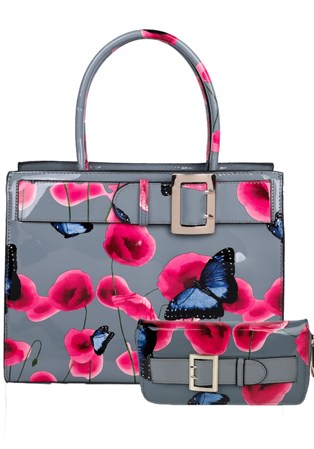 Poppy PU Patent Poppy Flower & Buttlefly Print With Belt Detail Top-Handle Bag With Purse Set - RJ180801