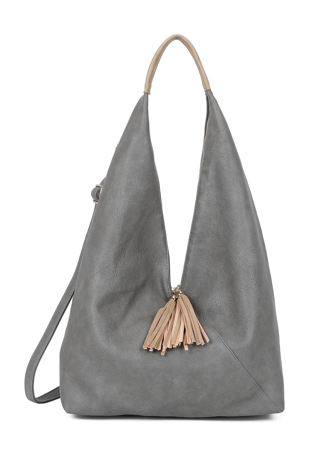 Dunne Tassel Zip PU Leather Hobo Shoulder Bag