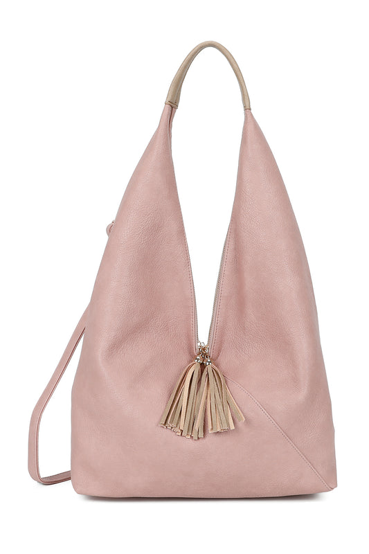 Dunne Tassel Zip PU Leather Hobo Shoulder Bag