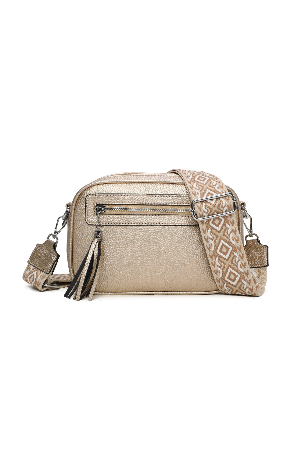 Quadriple Zipped Tassel Crossbody with Canvas Strap