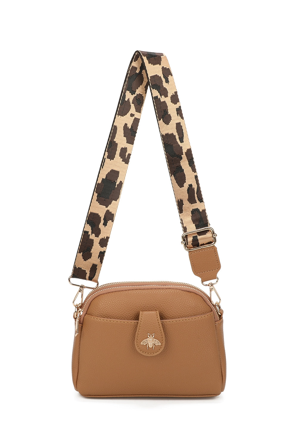 Monarch Bee Badge Multi-pocket Crossbody Bag with Leopard Canvas Strap - RW250452