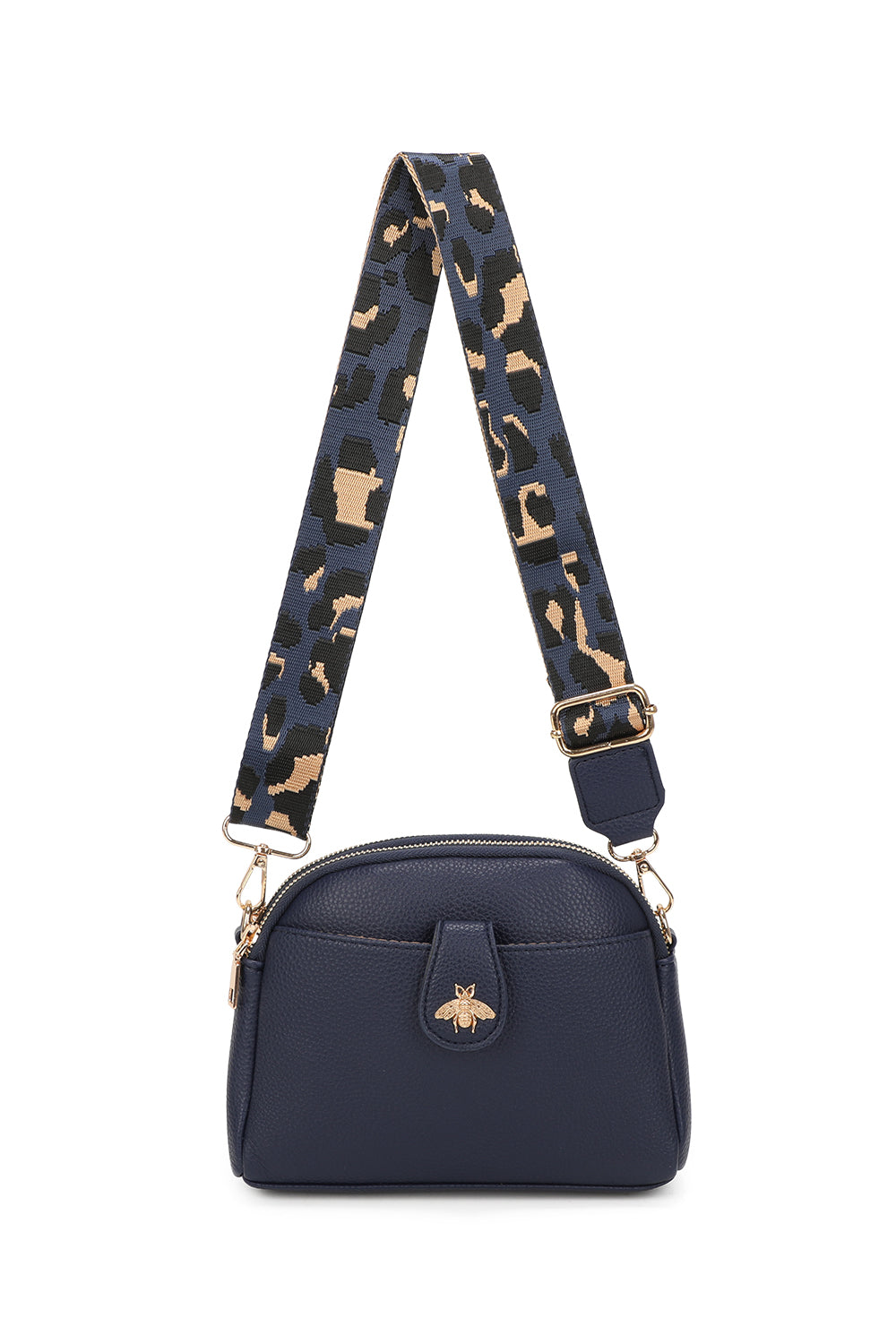 Monarch Bee Badge Multi-pocket Crossbody Bag with Leopard Canvas Strap - RW250452