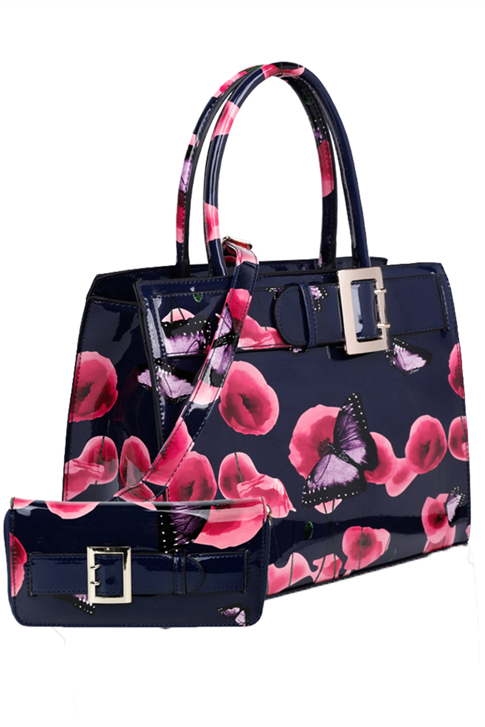 Poppy PU Patent Poppy Flower & Buttlefly Print With Belt Detail Top-Handle Bag With Purse Set - RJ180801