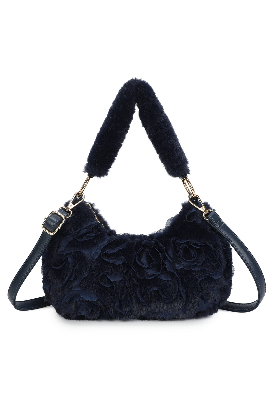 Aloura Small Faux Fur Sewn Lace Rose Flower Pattern Shoulder Hobo Bag - RY260531