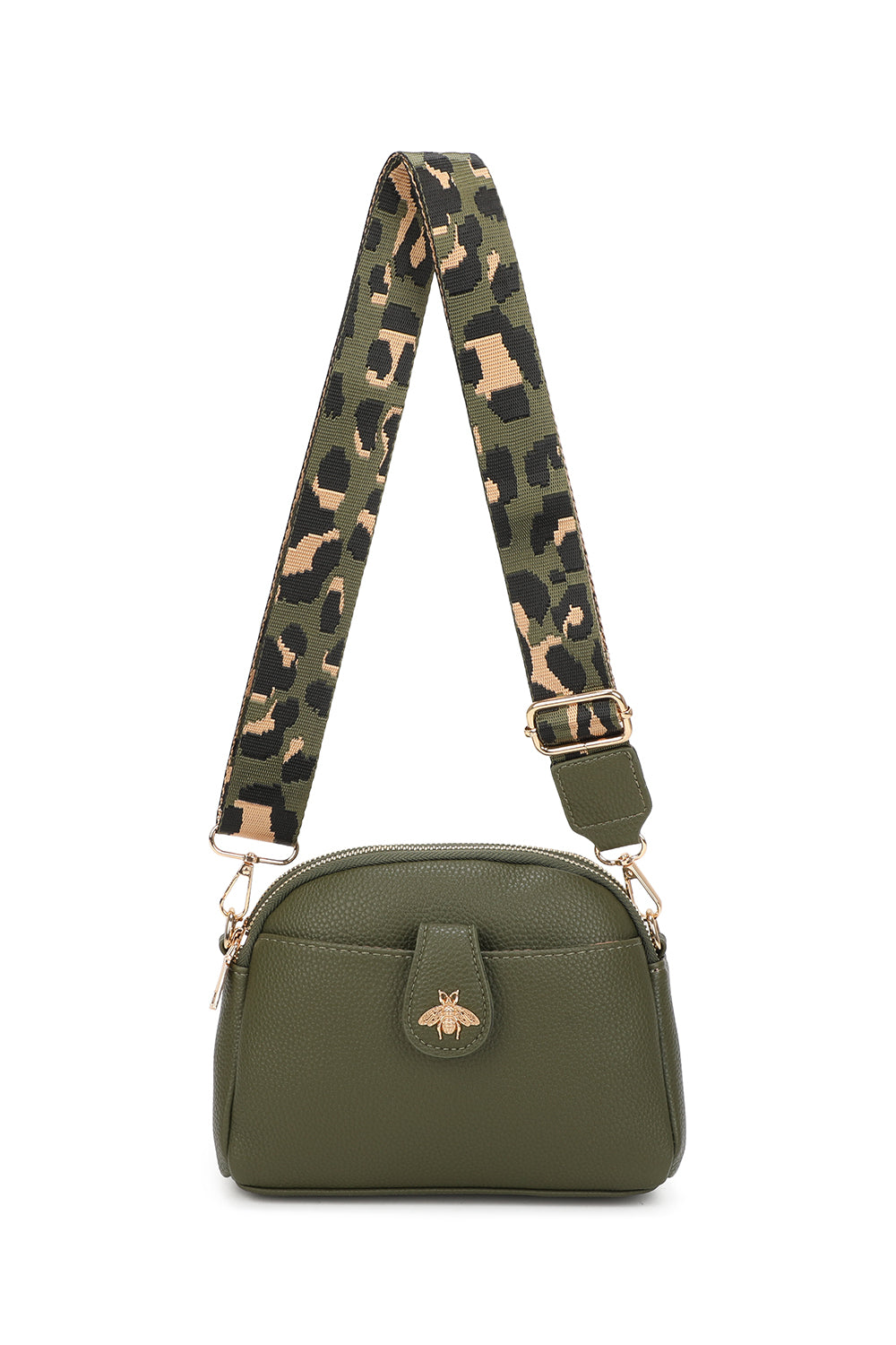 Monarch Bee Badge Multi-pocket Crossbody Bag with Leopard Canvas Strap - RW250452