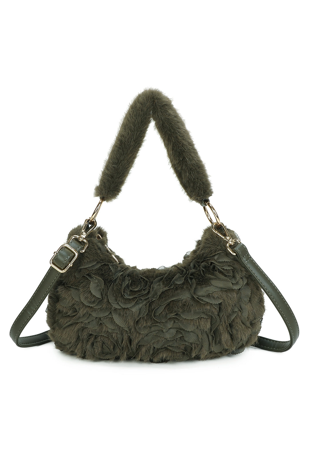 Aloura Small Faux Fur Sewn Lace Rose Flower Pattern Shoulder Hobo Bag - RY260531
