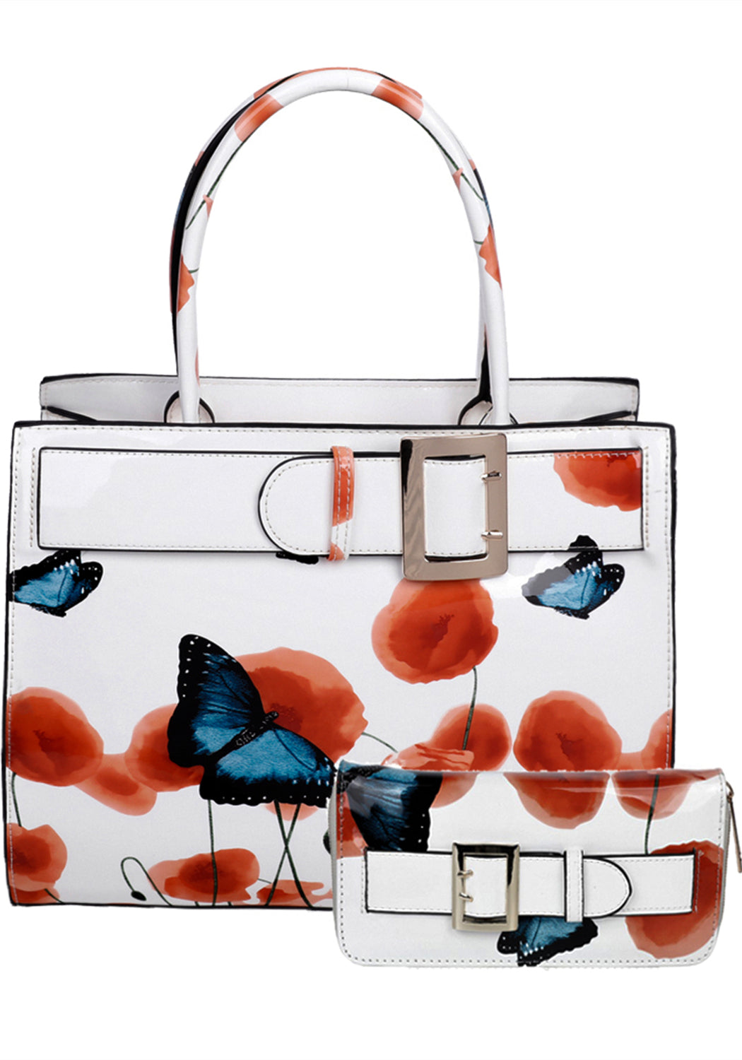 Poppy PU Patent Poppy Flower & Buttlefly Print With Belt Detail Top-Handle Bag With Purse Set - RJ180801