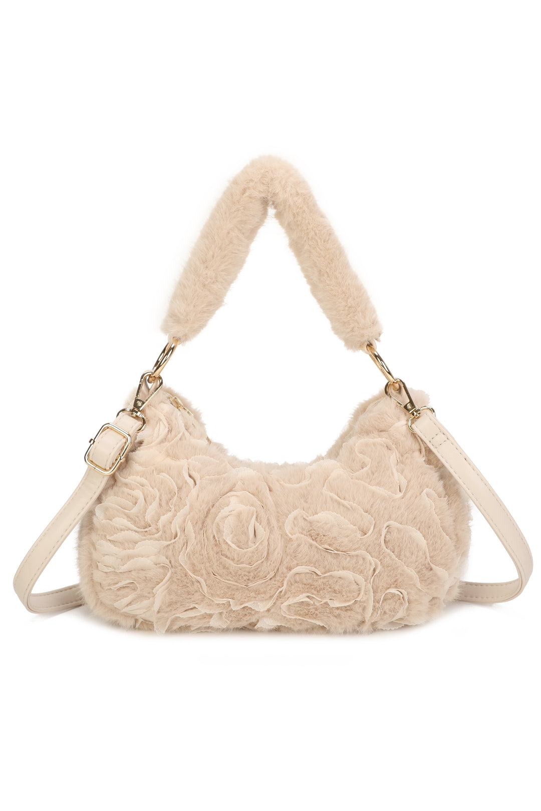 Aloura Small Faux Fur Sewn Lace Rose Flower Pattern Shoulder Hobo Bag - RY260531