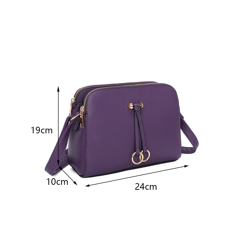 Metz Twin Rings Charm Three Zipped Sections PU Leather Crossbody Bag - RB230621
