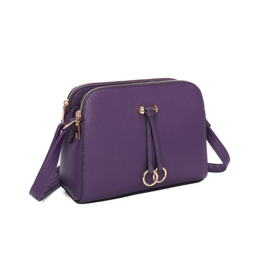 Metz Twin Rings Charm Three Zipped Sections PU Leather Crossbody Bag - RB230621
