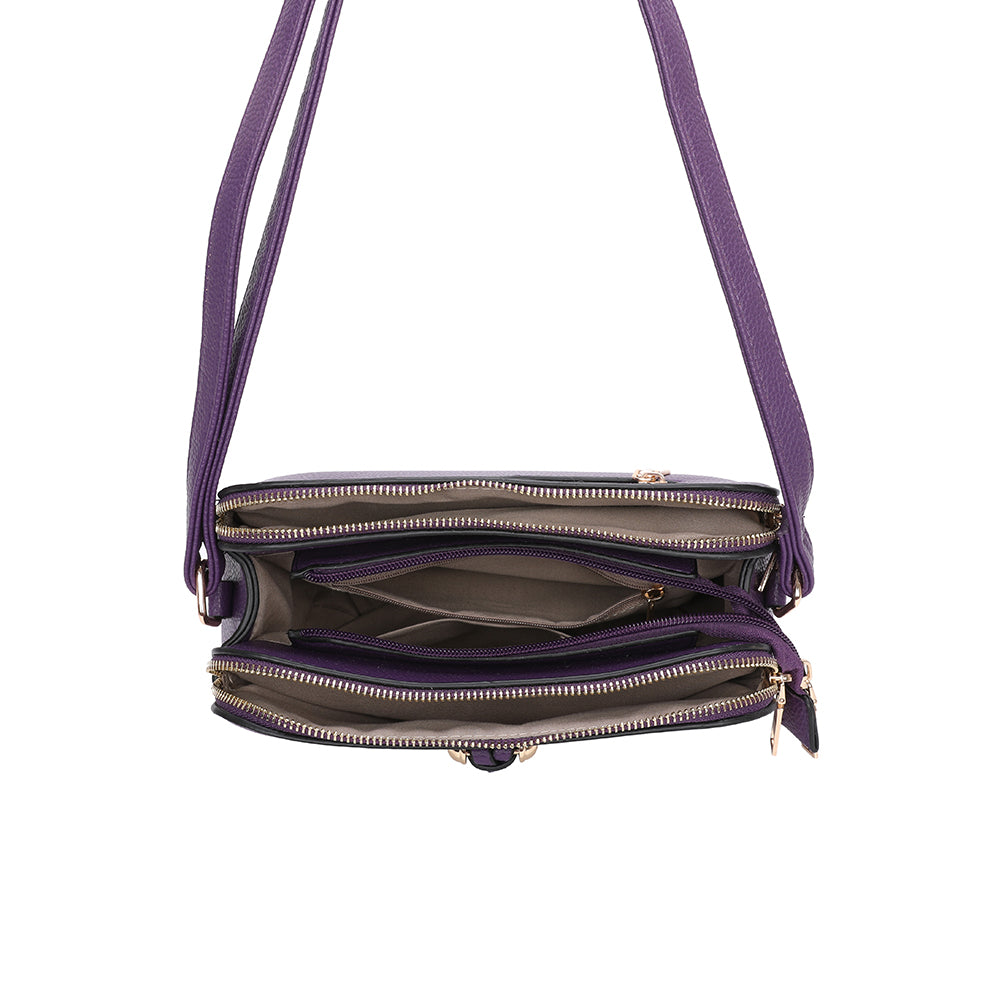 Metz Twin Rings Charm Three Zipped Sections PU Leather Crossbody Bag - RB230621