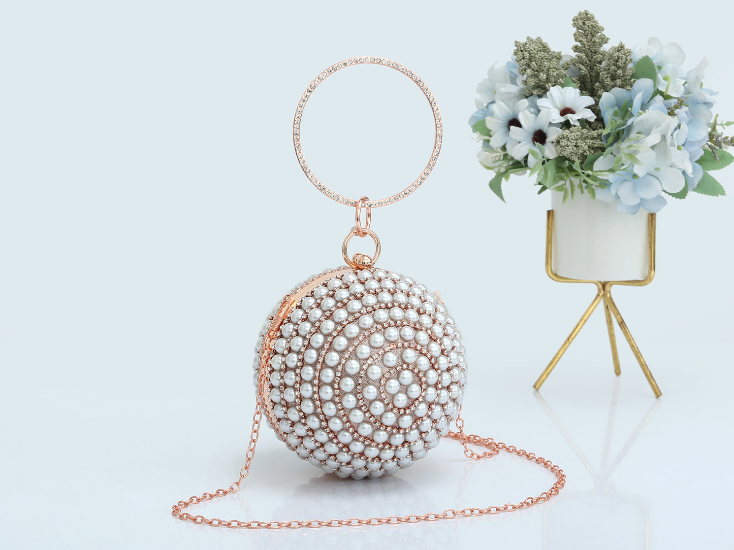 Pearl Embellished Ball Shaped Evening Clutch Bag