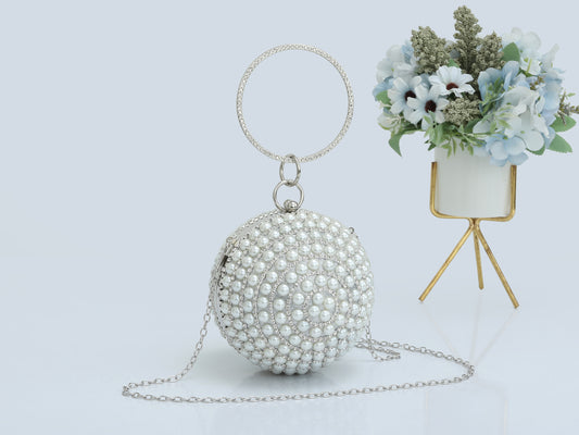 Pearl Embellished Ball Shaped Evening Clutch Bag