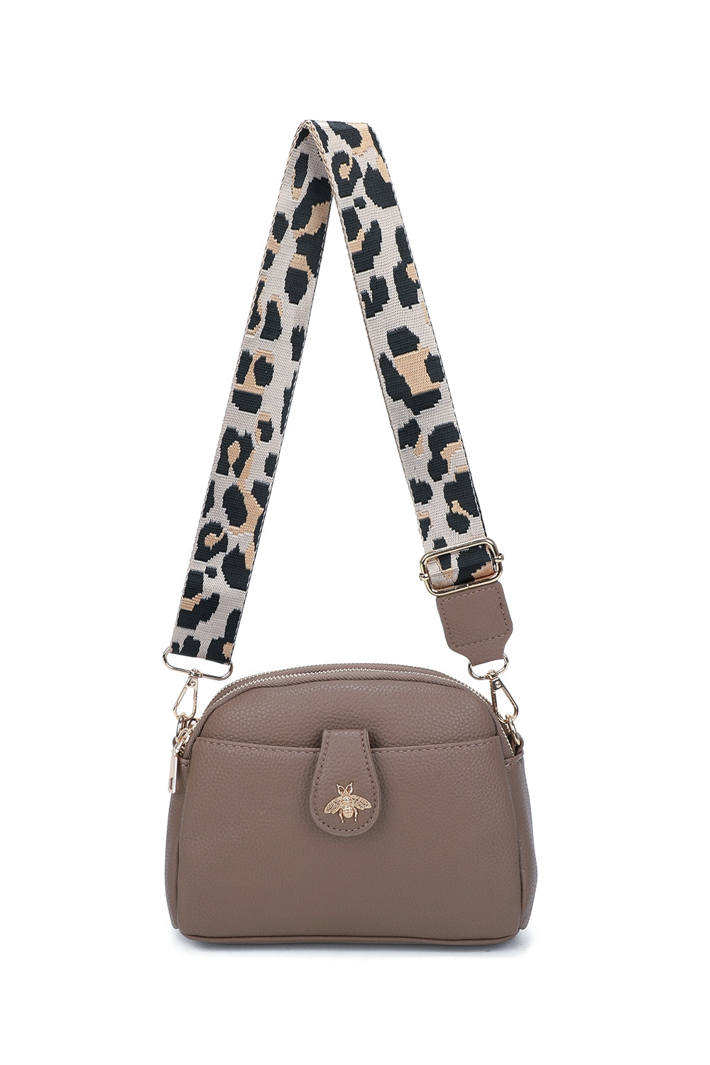 Monarch Bee Badge Multi-pocket Crossbody Bag with Leopard Canvas Strap - RW250452