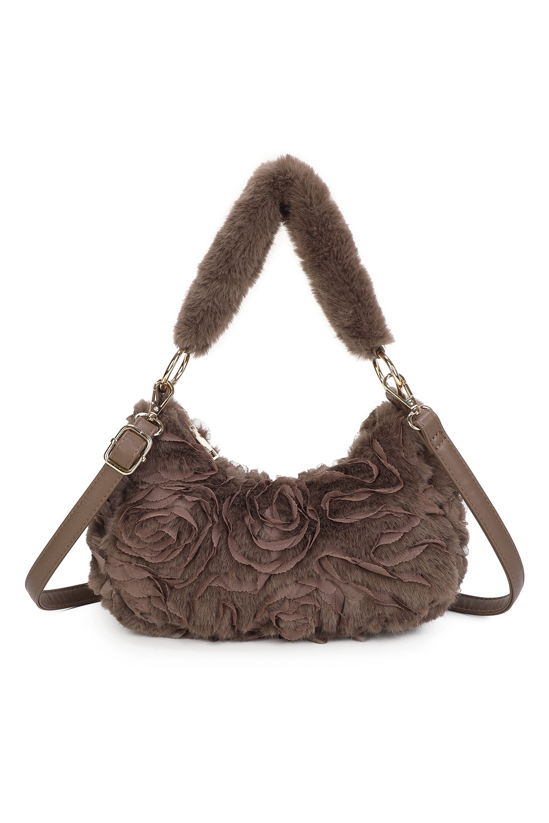 Aloura Small Faux Fur Sewn Lace Rose Flower Pattern Shoulder Hobo Bag - RY260531