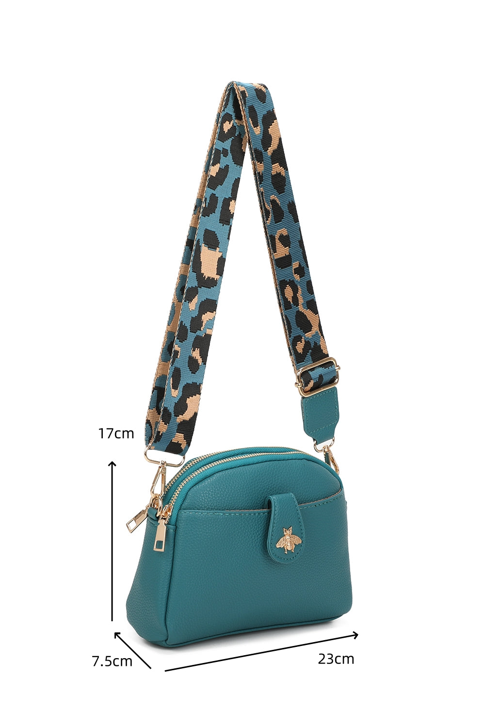 Monarch Bee Badge Multi-pocket Crossbody Bag with Leopard Canvas Strap - RW250452