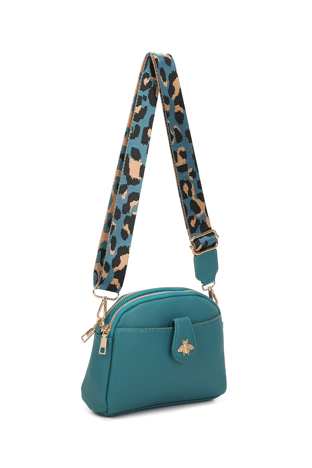 Monarch Bee Badge Multi-pocket Crossbody Bag with Leopard Canvas Strap - RW250452