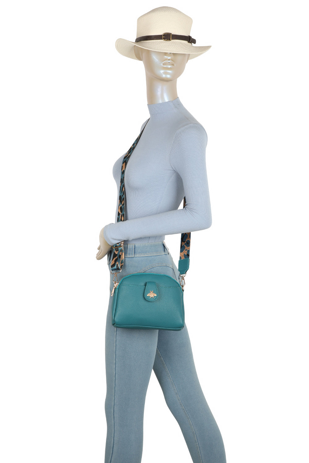 Monarch Bee Badge Multi-pocket Crossbody Bag with Leopard Canvas Strap - RW250452